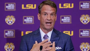 LSU new head coach Lane Kiffin speaks at South Stadium Club at Tiger Stadium.