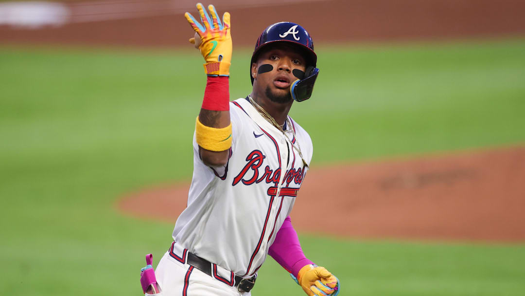 Sep 22, 2025; Atlanta, Georgia, USA; Atlanta Braves right fielder Ronald Acuna Jr. (13) celebrates after a home run against the Washington Nationals in the first inning at Truist Park. Mandatory Credit: Brett Davis-Imagn Images
