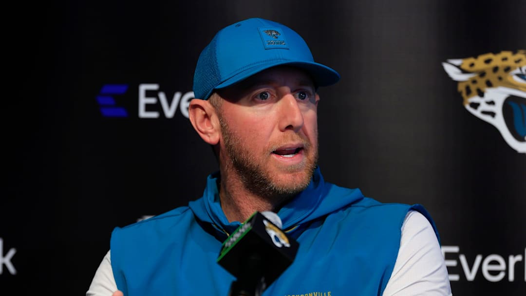 Jacksonville Jaguars head coach Liam Coen speaks during a press conference at the Miller Electric Center, Wednesday, Jan. 14, 2026, in Jacksonville, Fla.