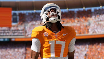Tennessee wide receiver Chris Brazzell II (17) celebrates after scoring a touchdown against Georgia during an NCAA college football game on September 13, 2025, Knoxville, Tennessee.