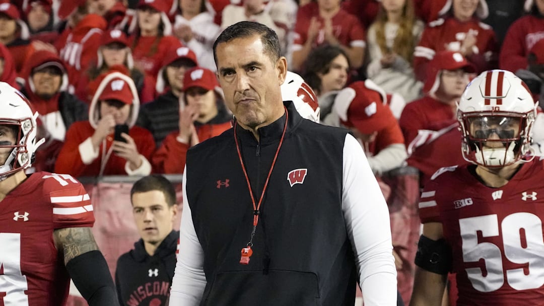 Nov 16, 2024; Madison, Wisconsin, USA;  Wisconsin Badgers head coach Luke Fickell during warmups prior to the game against the Oregon Ducks at Camp Randall Stadium. Mandatory Credit: Jeff Hanisch-Imagn Images