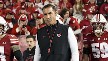 Nov 16, 2024; Madison, Wisconsin, USA;  Wisconsin Badgers head coach Luke Fickell during warmups prior to the game against the Oregon Ducks at Camp Randall Stadium. Mandatory Credit: Jeff Hanisch-Imagn Images