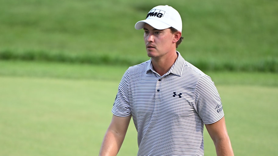 Maverick McNealy walks up the fairway on the 18th hole during the third round of the 2025 BMW Championship. 