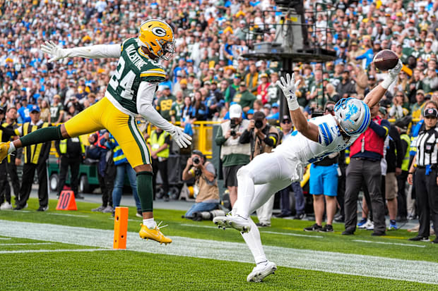 Detroit Lions wide receiver Isaac TeSlaa (18) makes a touchdown catch at Green Bay in Week 1.