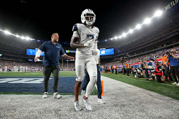 Dallas Cowboys cornerback Trevon Diggs leaves the field after an injury during the fourth quarter against the New York Giants