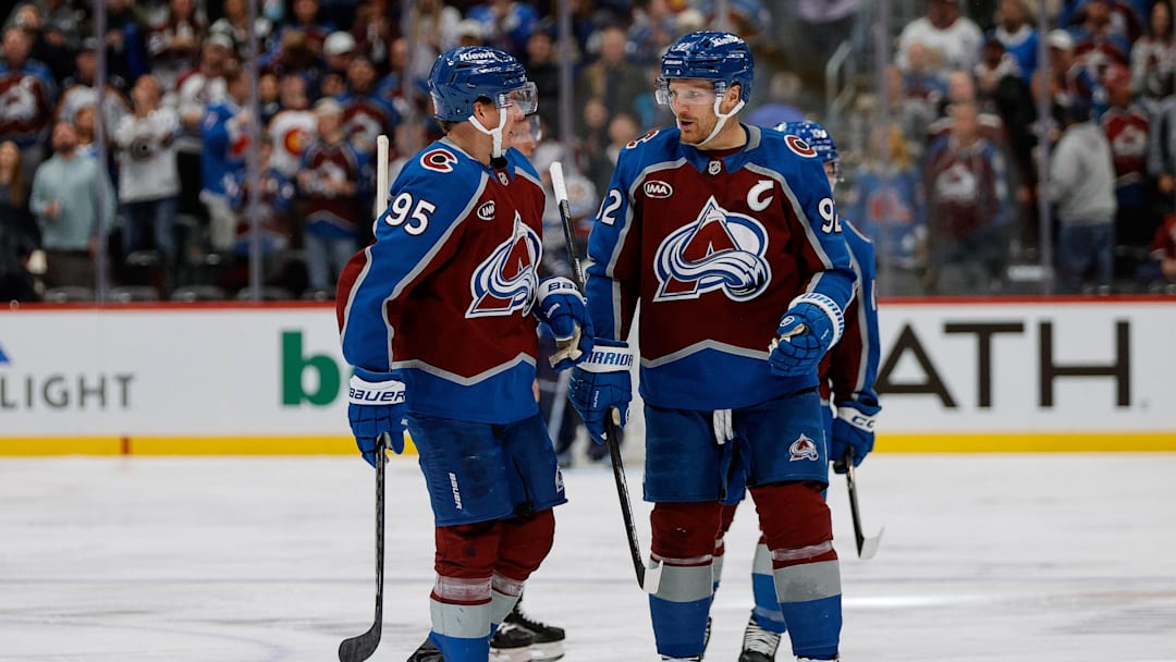 Colorado Avalanche left wing Victor Olofsson (95) and left wing Gabriel Landeskog (92)