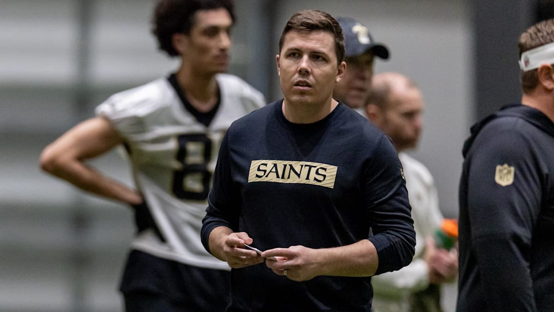 May 10, 2025; New Orleans, LA, USA;  New Orleans Saints head coach Kellen Moore during rookie minicamp at Ochsner Sports Performance Center. Mandatory Credit: Stephen Lew-Imagn Images