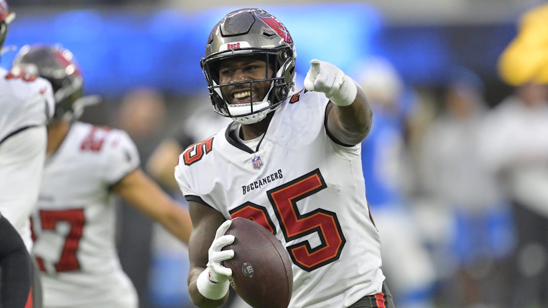 Tampa Bay Buccaneers cornerback Jamel Dean celebrates after a fumble recovery in the second half against the Los Angeles Chargers.