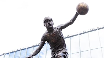 Apr 12, 2024; Camden, NJ, USA; The statue honoring Philadelphia 76ers great Allen Iverson outside Penn Medicine Philadelphia 76ers Training Complex. Mandatory Credit: Bill Streicher-Imagn Images