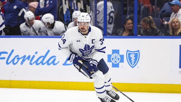 Feb 25, 2026; Tampa, Florida, USA; Toronto Maple Leafs forward Auston Matthews (34) handles the puck against Tampa Bay Lightning during the third period at Benchmark International Arena. Mandatory Credit: Morgan Tencza-Imagn Images