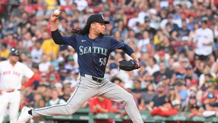 Seattle Mariners pitcher Luis Castillo (58) pitches against the Boston Red Sox during the second inning at Fenway Park on July 30.