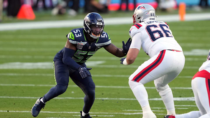Feb 8, 2026; Santa Clara, CA, USA; Seattle Seahawks linebacker Boye Mafe (53) rushes against New England Patriots offensive tackle Will Campbell (66) during the second quarter in Super Bowl LX at Levi's Stadium. Mandatory Credit: Darren Yamashita-Imagn Images