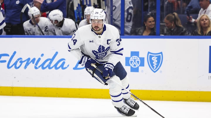 Feb 25, 2026; Tampa, Florida, USA; Toronto Maple Leafs forward Auston Matthews (34) handles the puck against Tampa Bay Lightning during the third period at Benchmark International Arena. Mandatory Credit: Morgan Tencza-Imagn Images