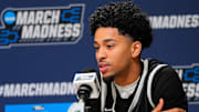 Mar 21, 2024; Brooklyn, NY, USA; Stetson Hatters guard Jalen Blackmon (5) talks to the media at a press conference at Barclays Center. Mandatory Credit: Robert Deutsch-Imagn Images