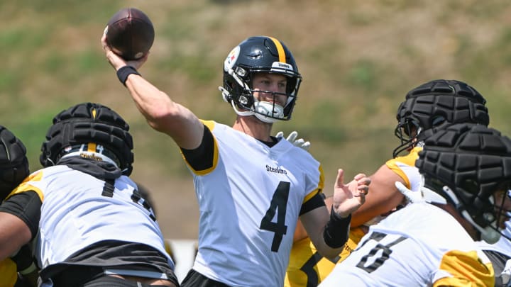 Jul 28, 2024; Latrobe, PA, USA; Pittsburgh Steelers quarterback Kyle Allen (4) participates in drills during training camp at Saint Vincent College. Mandatory Credit: Barry Reeger-USA TODAY Sports