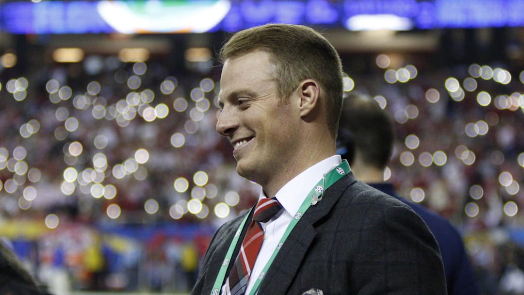 Dec 3, 2016; Atlanta, GA, USA; Alabama Crimson Tide former quarterback Greg McElroy on the sidelines during the fourth quarter of the SEC Championship college football game against the Florida Gators at Georgia Dome. Mandatory Credit: Brett Davis-USA TODAY Sports Dec 3, 2016; Atlanta, GA, USA; Alabama Crimson Tide former quarterback Greg McElroy on the sidelines during the fourth quarter of the SEC Championship college football game against the Florida Gators at Georgia Dome. Mandatory Credit: Brett Davis-USA TODAY Sports