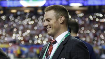 Dec 3, 2016; Atlanta, GA, USA; Alabama Crimson Tide former quarterback Greg McElroy on the sidelines during the fourth quarter of the SEC Championship college football game against the Florida Gators at Georgia Dome. Mandatory Credit: Brett Davis-Imagn Images