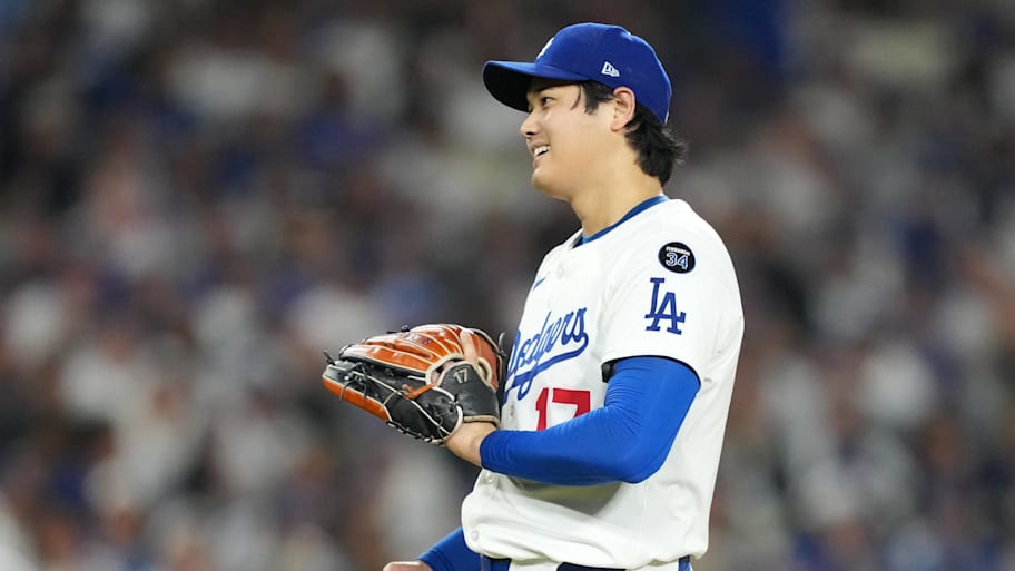 Los Angeles Dodgers two-way player Shohei Ohtani (17) reacts in the seventh inning against the Milwaukee Brewers.