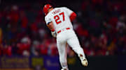 Sep 26, 2025; Anaheim, California, USA; Los Angeles Angels designated hitter Mike Trout (27) runs the bases after hitting a solo home run againast the Houston Astros during the eighth inning at Angel Stadium. Mandatory Credit: Gary A. Vasquez-Imagn Images