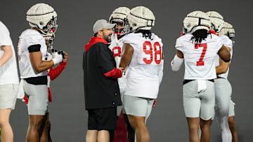 Ohio State Buckeyes defensive coordinator Matt Patricia talks to defensive tackle Kayden McDonald (98) during spring football practice at the Woody Hayes Athletic Center in Columbus on March 19, 2025.