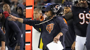 Sep 8, 2025; Chicago, IL; Chicago Bears head coach Ben Johnson reacts during the second half at Soldier Field