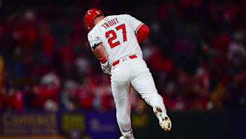 Sep 26, 2025; Anaheim, California, USA; Los Angeles Angels designated hitter Mike Trout (27) runs the bases after hitting a solo home run againast the Houston Astros during the eighth inning at Angel Stadium. Mandatory Credit: Gary A. Vasquez-Imagn Images