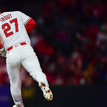 Sep 26, 2025; Anaheim, California, USA; Los Angeles Angels designated hitter Mike Trout (27) runs the bases after hitting a solo home run againast the Houston Astros during the eighth inning at Angel Stadium. Mandatory Credit: Gary A. Vasquez-Imagn Images