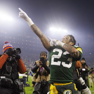 Green Bay Packers cornerback Jaire Alexander celebrates after last year's victory over the Chicago Bears.