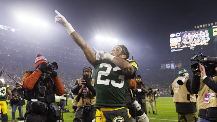 Green Bay Packers cornerback Jaire Alexander celebrates after last year's victory over the Chicago Bears.