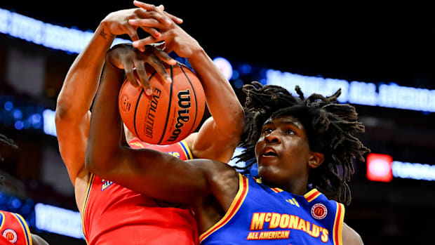 Five-star forward Jayden Quaintance grabs the rebound during the McDonald’s All-American Game.
