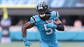 Carolina Panthers running back Rico Dowdle (5) runs with the ball during the second half against the Dallas Cowboys at Bank of America Stadium. 