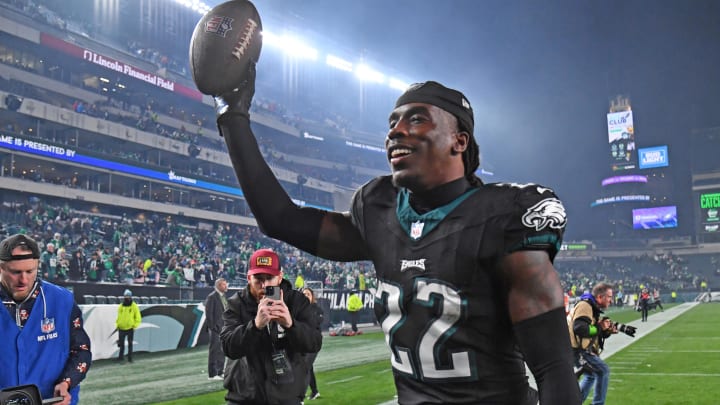 Dec 25, 2023; Philadelphia, Pennsylvania, USA; Philadelphia Eagles cornerback Kelee Ringo (22) runs off the field after win against the New York Giants at Lincoln Financial Field. Mandatory Credit: Eric Hartline-USA TODAY Sports