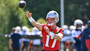 Jul 23, 2025; Foxborough, MA, USA; New England Patriots quarterback Ben Wooldridge (17) throws a pass during training camp at Gillette Stadium. Mandatory Credit: Eric Canha-Imagn Images