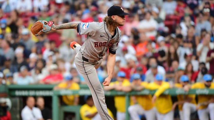 Aug 10, 2024; Boston, Massachusetts, USA;  Houston Astros relief pitcher Josh Hader pitches at Fenway Park.