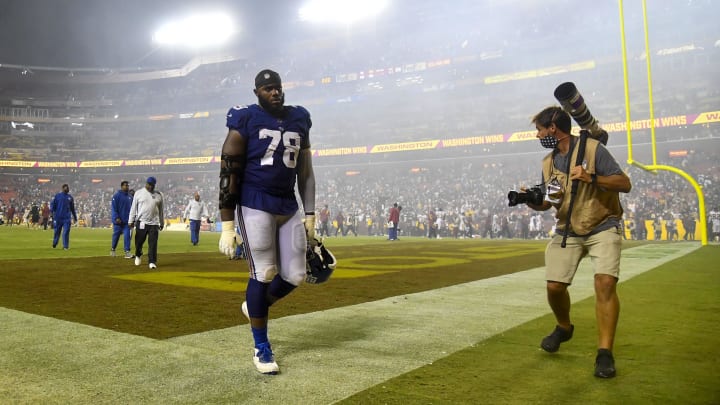 Sep 16, 2021; Landover, Maryland, USA; New York Giants offensive tackle Andrew Thomas (78) walks off the field after a loss to the Washington Football Team at FedExField.  