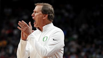 Mar 23, 2024; Pittsburgh, PA, USA; Oregon Ducks head coach Dana Altman calls to his team during the first half of the game against the Creighton Bluejays in the second round of the 2024 NCAA Tournament at PPG Paints Arena. Mandatory Credit: Charles LeClaire-Imagn Images