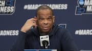Mar 20, 2024; Charlotte, NC, USA; North Carolina Tar Heels head coach Hubert Davis during a press conference at Spectrum Center. Mandatory Credit: Bob Donnan-Imagn Images