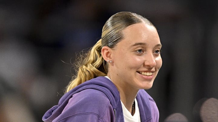 Dallas Wings guard Paige Bueckers looks on during the game between the Dallas Mavericks and the Oklahoma City Thunder.