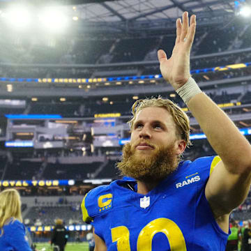Dec 8, 2024; Inglewood, California, USA; Los Angeles Rams wide receiver Cooper Kupp (10) reacts after the game against the Buffalo Bills at SoFi Stadium. Mandatory Credit: Kirby Lee-Imagn Images