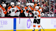 Nov 29, 2025; Newark, New Jersey, USA; Philadelphia Flyers right wing Matvei Michkov (39) celebrates with teammates after scoring a goal against the New Jersey Devils during the second period at Prudential Center. Mandatory Credit: John Jones-Imagn Images
