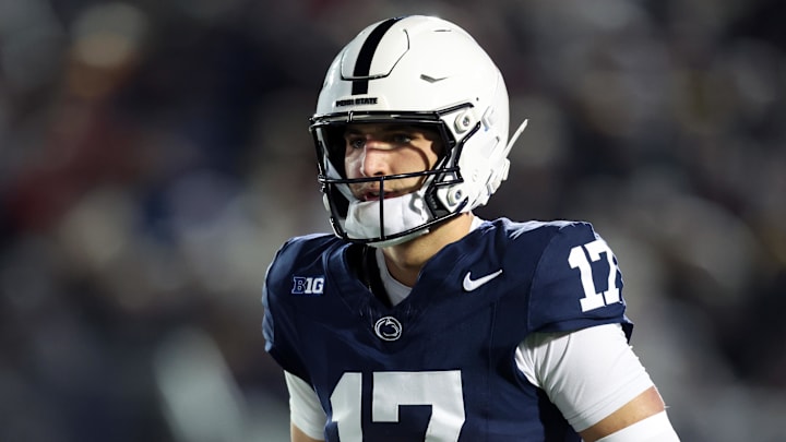 Nov 22, 2025; University Park, Pennsylvania, USA; Penn State Nittany Lions quarterback Ethan Grunkemeyer (17) looks on from the field during the first quarter against the Nebraska Cornhuskers at Beaver Stadium. Mandatory Credit: Matthew O'Haren-Imagn Images