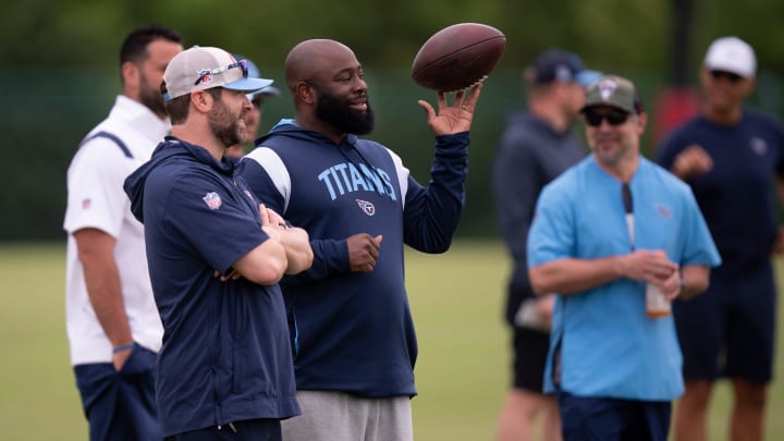 Tennessee Titans Head Coach Brian Callahan, left, and General Manager Ran Carthon, with ball, take in practice during rookie minicamp at Ascension Saint Thomas Sports Park in Nashville, Tenn., Friday, May 10, 2024.