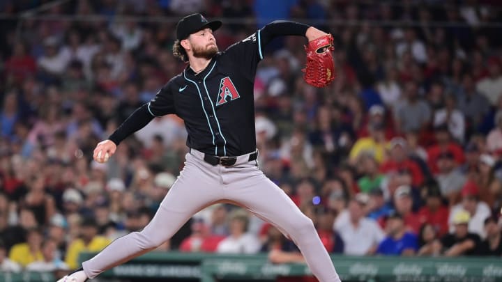 Aug 23, 2024; Boston, Massachusetts, USA; Arizona Diamondbacks starting pitcher Ryne Nelson (19) pitches against the Boston Red Sox during the third inning at Fenway Park. Mandatory Credit: Eric Canha-USA TODAY Sports