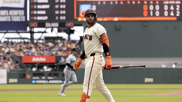 Apr 26, 2026; San Francisco, California, USA; San Francisco Giants designated hitter Casey Schmitt (10) reacts to being called out on strikes against the Miami Marlins during the first inning at Oracle Park. Mandatory Credit: D. Ross Cameron-Imagn Images