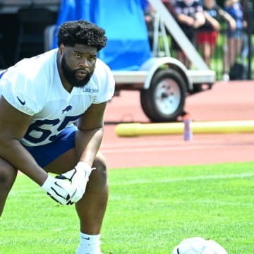 Jul 24, 2024; Rochester, NY, USA; Buffalo Bills offensive tackle Mike Edwards (65) on the field after a training camp session at St. John Fisher University.  