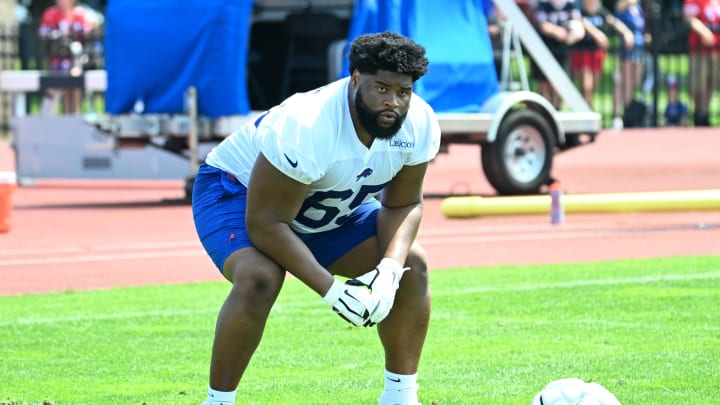 Jul 24, 2024; Rochester, NY, USA; Buffalo Bills offensive tackle Mike Edwards (65) on the field after a training camp session at St. John Fisher University.  