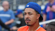 Jul 11, 2025; Kansas City, Missouri, USA; New York Mets designated hitter Mark Vientos (27) prepares to take batting practice against the Kansas City Royals prior to a game at Kauffman Stadium. Mandatory Credit: Denny Medley-Imagn Images