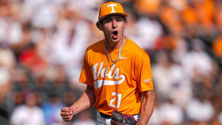 Tennessee pitcher Tegan Kuhns (21) yells in excitement after a strikeout during a NCAA baseball game between Tennessee and Ole Miss at Lindsey Nelson Stadium on April 18, 2026.