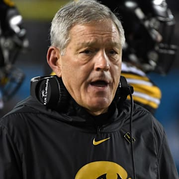 Dec 27, 2019; San Diego, California, USA; Iowa Hawkeyes coach Kirk Ferentz reacts in the second quarter against the Southern California Trojans during the Holiday Bowl at SDCCU Stadium. Mandatory Credit: Kirby Lee-Imagn Images