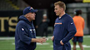 Aug 23, 2025; New Orleans, Louisiana, USA; Denver Broncos head coach Sean Payton talks to Denver Broncos quarterback Bo Nix (10) before a game against the New Orleans Saints at Caesars Superdome. Mandatory Credit: Matthew Hinton-Imagn Images